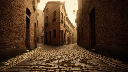 Naklejka premium generative ai, Narrow Cobblestone Alleyway in Historic European Village with Warm Light