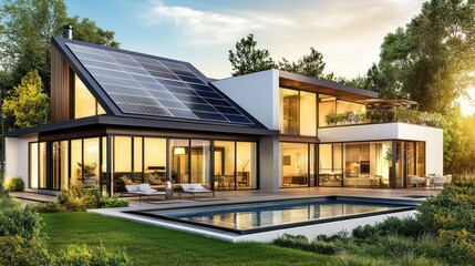 Obraz premium Modern House With Solar Panels And Swimming Pool