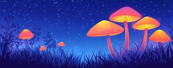 Vibrant, glowing mushrooms illuminate a serene night scene under a starlit sky.