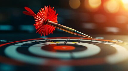 Obraz premium A vibrant close-up of a dart striking the center of a dartboard, symbolizing focus, ambition, and precision in targets.