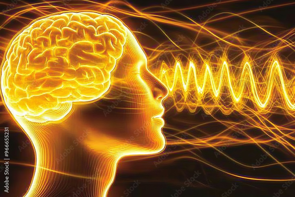 Poster neurodiversity neuroergonomics and neuromodulation side view of man with glowing neural waves visual