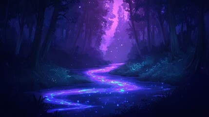 Fototapeta premium Enchanting night scene of a glowing river winding through a mystical forest.