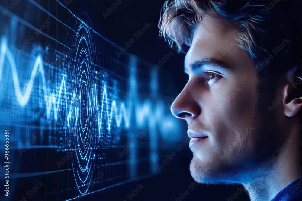 Aufkleber neuroimaging synaptic and magnetometry side view of a man surrounded by sound waves and light patter