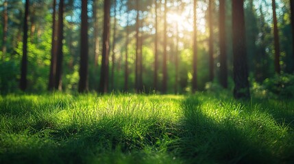 Fototapeta premium Lush green grass in a sunlit park with a blurred background of trees and sunlight filtering through the leaves. Perfect for nature and outdoor themes. 