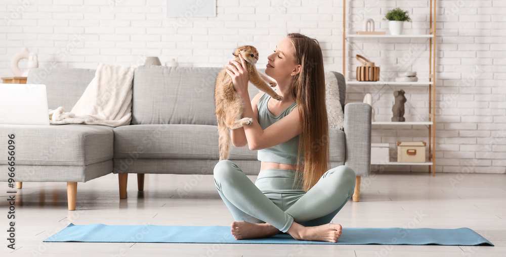 Poster young woman with cute kitten sitting on yoga mat at home