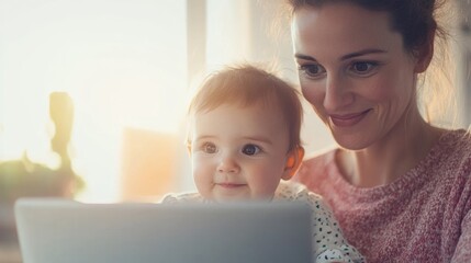 A dedicated mother enjoys quality time with her child while managing her tasks on a laptop at home during daylight hours