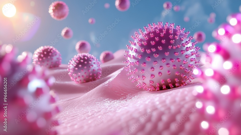 Poster this depiction showcases virus particles, featuring their distinct structure and texture under micro