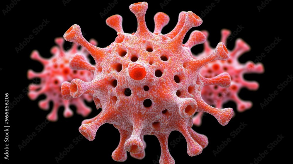 Poster red virus particles are shown in a microscopic view, highlighting their structure and unique feature