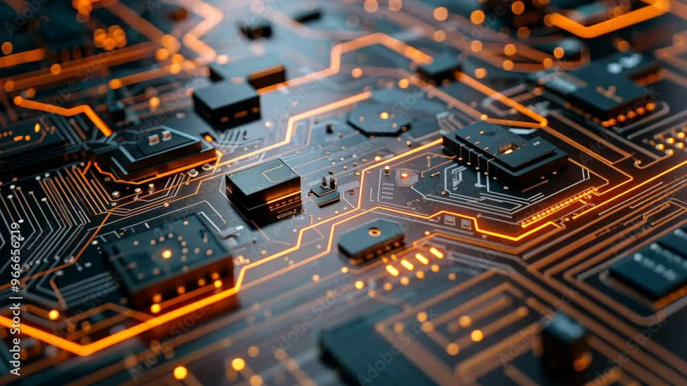 Poster exploring intricate circuit board designs with glowing pathways and microchips in modern technology 