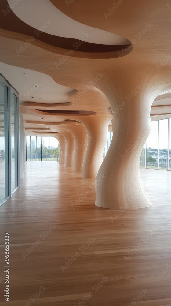 Poster the interior showcases striking curved columns and expansive windows, creating a fluid and open atmo