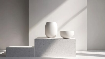 A sleek concrete display pedestal showcases simple white ceramic vessels in a contemporary, well-lit setting, highlighting their form