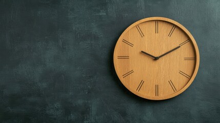 A contemporary wooden wall clock is mounted on a solid black background, highlighting its minimalistic features and style