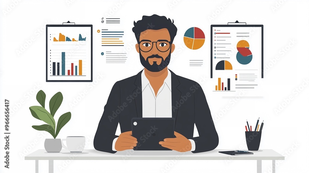 Poster professional businessman with tablet in office analyzing charts and graphs, data visualization