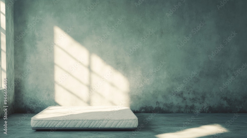 Poster an old mattress sits alone in a spacious, empty room with sunlight streaming through the windows, cr