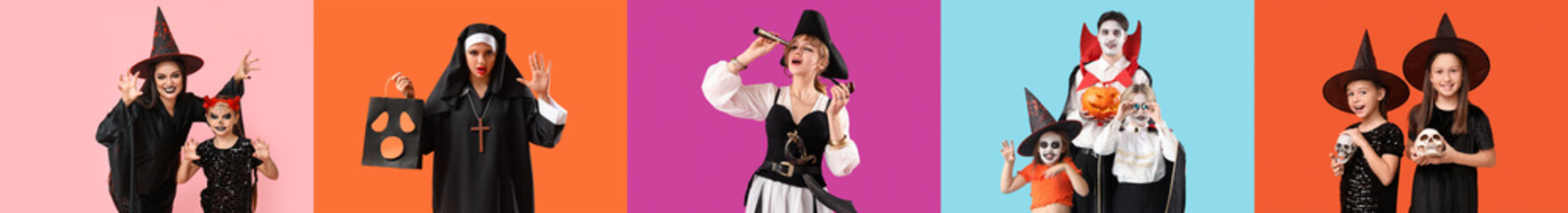 Set of people in Halloween costumes on color background