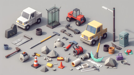 Obraz premium Isometric 3D Cartoon road repair items