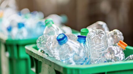 Several recycling bins are filled with collected plastic bottles, ready for sorting and processing to reduce environmental waste