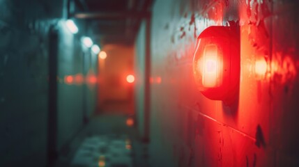 A red fire alarm is illuminated in a smoky hallway, alerting occupants to an emergency in low light conditions