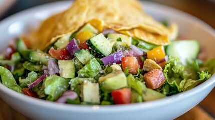 A garden salad full of vibrant veggies and crispy tortilla chips served as a light meal option at a local eatery