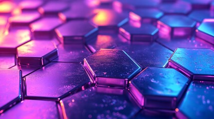 Fototapeta premium Abstract Hexagon Pattern with Neon Lights and Wet Surface