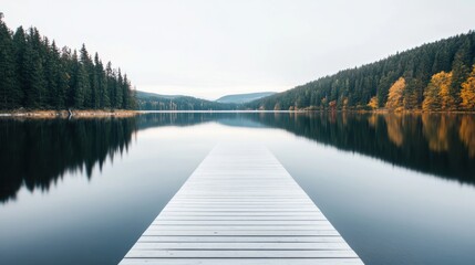 Fototapeta premium A wooden pier extends into a calm lake, reflecting the serene surroundings of trees and mountains at sunrise