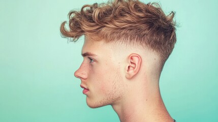 Fototapeta premium A young man with a trendy curly hairstyle stands in profile against a vibrant light green backdrop, emphasizing his distinct look