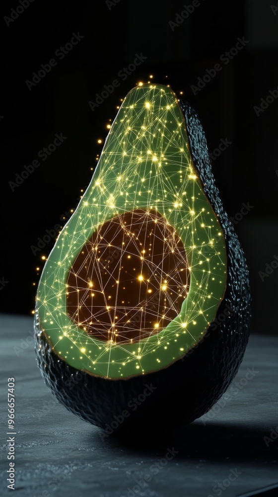 Poster digital network overlay on half sliced avocado