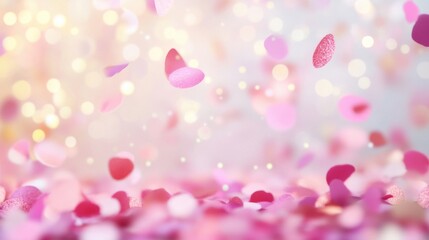 A vibrant display of shimmering pink and purple confetti floats through the air, adding excitement to a joyful event