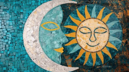 Fototapeta premium A striking mosaic wall art piece featuring a radiant sun and crescent moon, beautifully crafted with colorful tiles and textures