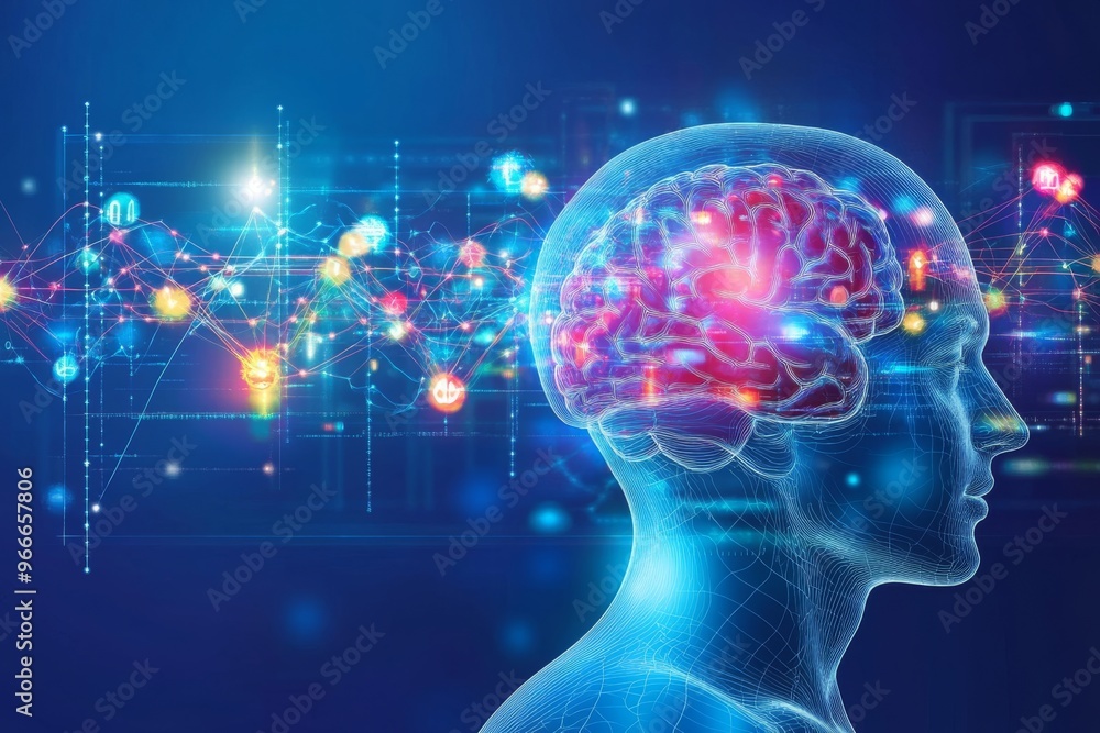 Poster neuroinformatics biomechatronics and brain science futuristic human figure with transparent head and