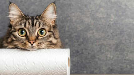 A playful cat sits attentively, resting its paws on a toilet paper roll, looking curiously at the...