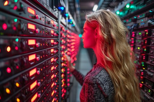 Telecommunications center with internet switch  a woman in a server room managing data processing