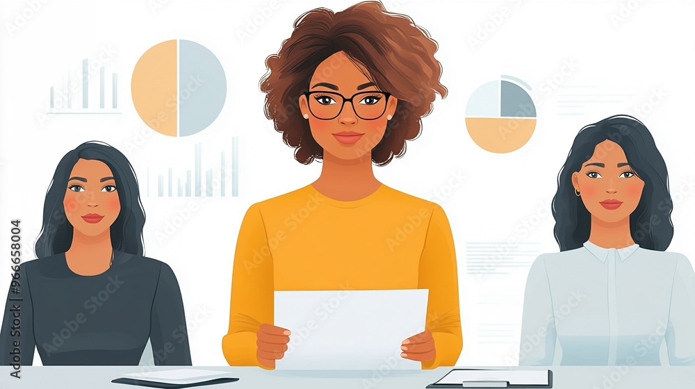 Poster three women in office analyzing data reports with graphs and charts background