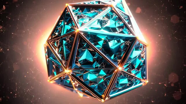 Intricate dodecahedron with silvery geometric patterns rotating in void space. Complex pentagonal faces showcase neural network-like designs. 