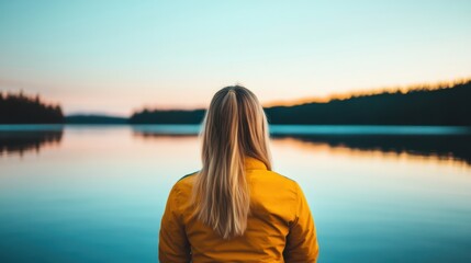 Fototapeta premium A woman gazes in awe at the radiant Northern Lights reflecting on the still water of a lake during a peaceful evening
