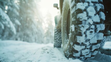 A winter tire glides over a snow-covered forest trail, surrounded by tall trees and glistening snowflakes under bright daylight