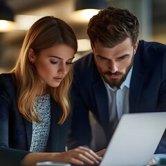 A close-up shot of two professional executives working together on financial analysis in a modern office setting.