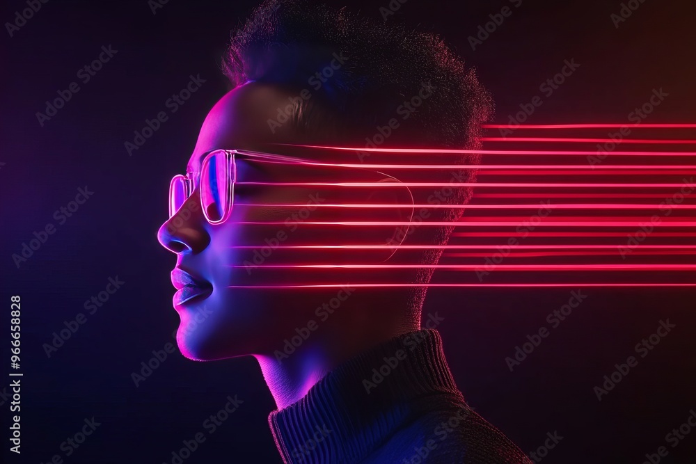 Poster cybertactile neurodynamic system and echolocation signal person wearing glasses with digital laser b