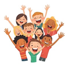 A group of excited children cheering and raising their hands in excitement, isolated on a white background.