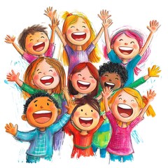 A group of excited children cheering and raising their hands in excitement, isolated on a white background.