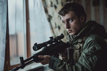 a young guy with a gun in his hands is in the apartment