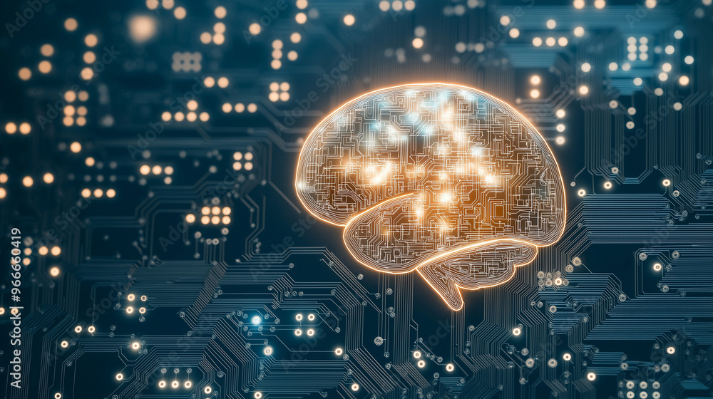 Poster artificial intelligence brain on blue integrated circuit background. ai, machine learning and neural