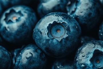 Close up photograph of fresh blueberries. Blueberries are a nutritious, delicious food. Healthy organic eating concept. Anthocyanin gives blueberries blue colour and health benefits. Background, ai