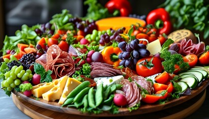 Vibrant charcuterie board featuring an array of fresh fruits, vegetables, artisanal cheeses, and...