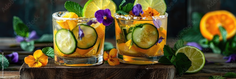 Poster Fruit Cocktail Featuring Lemon, Orange, Cucumber, and Viola Flowers Served in Two Glasses