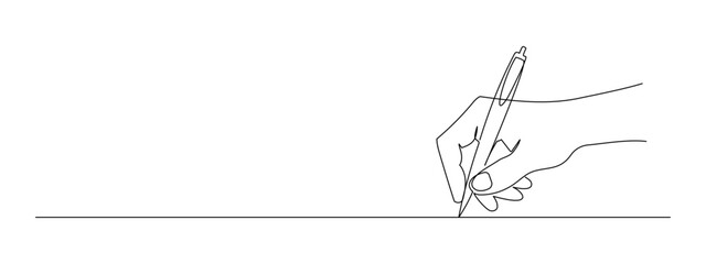 Hand holding pen and writing in one continuous line drawing. Letter and diary concept in simple linear style. School lesson symbol in editable stroke. Doodle monoline vector illustration