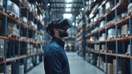 Man Wearing VR Headset in Warehouse