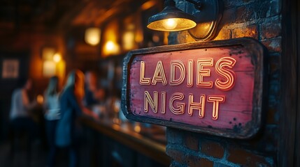 Fototapeta premium Sign that reads “LADIES NIGHT” - bar - lounge - club - pub - blurred background - women having fun - night out 