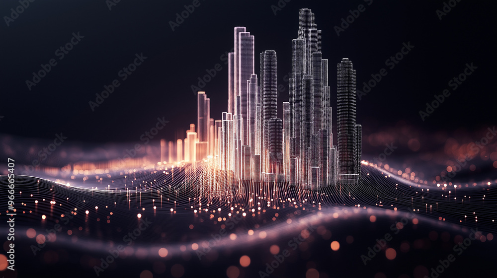 Poster smart city and abstract dot point connect with gradient line and aesthetic intricate wave line desig
