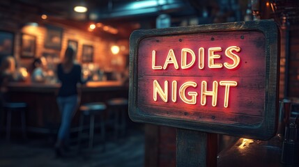 Sign that reads &ldquo;LADIES NIGHT&rdquo; - bar - lounge - club - pub - blurred background - women having fun - night out 
